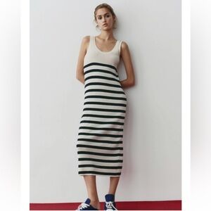 Zara Striped Navy and Off White Sleeveless Knit Dress, S